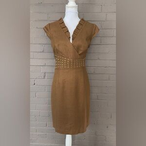 Kay Unger Camel Brown Studded Waist Sheath Dress